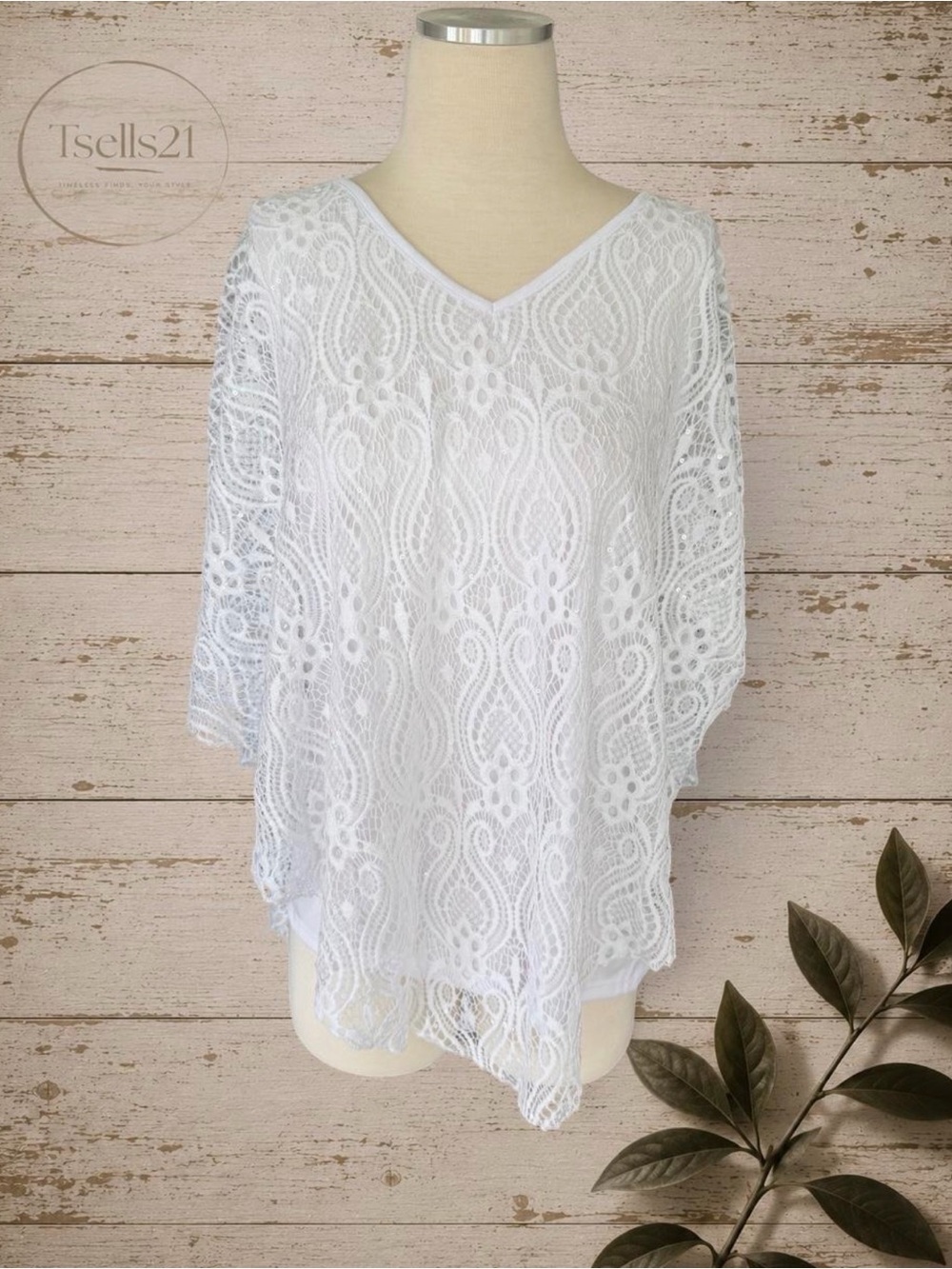 NWT (With Defect) Brittany Black White Lace Sequin Poncho Blouse - Size XL
